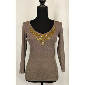 August Silk Womens PM Brown Scoopneck Pullover Sweater Jeweled Accents Shimmery
